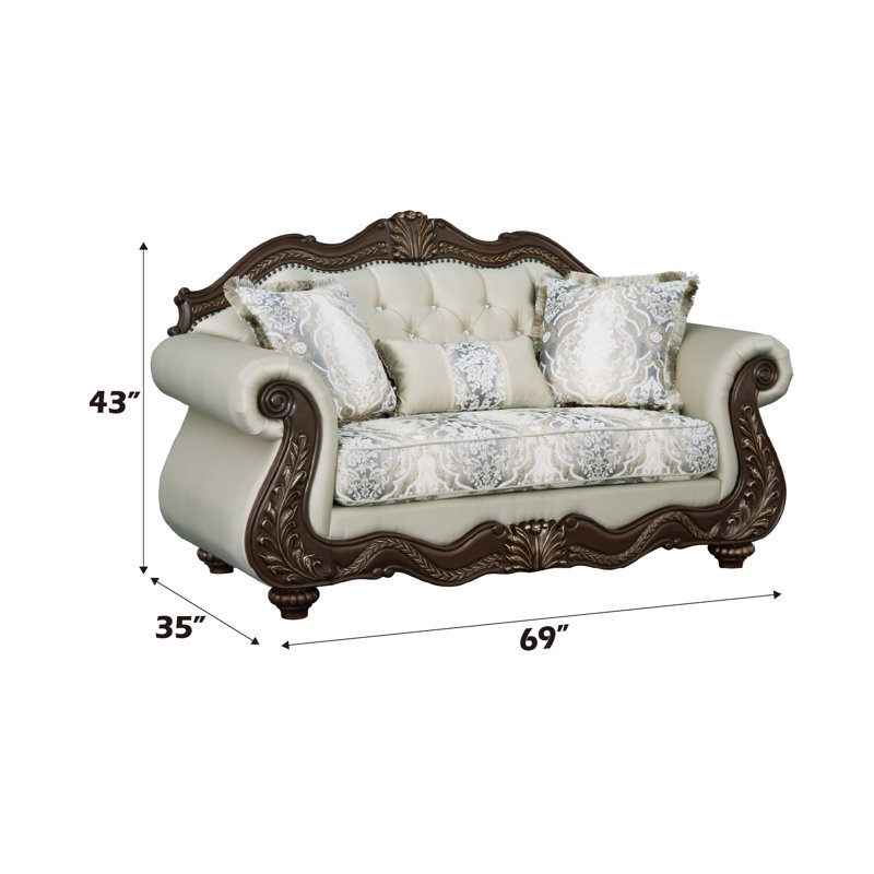 Causeuse Pierce en tissu beige et cerisier avec 3 coussins