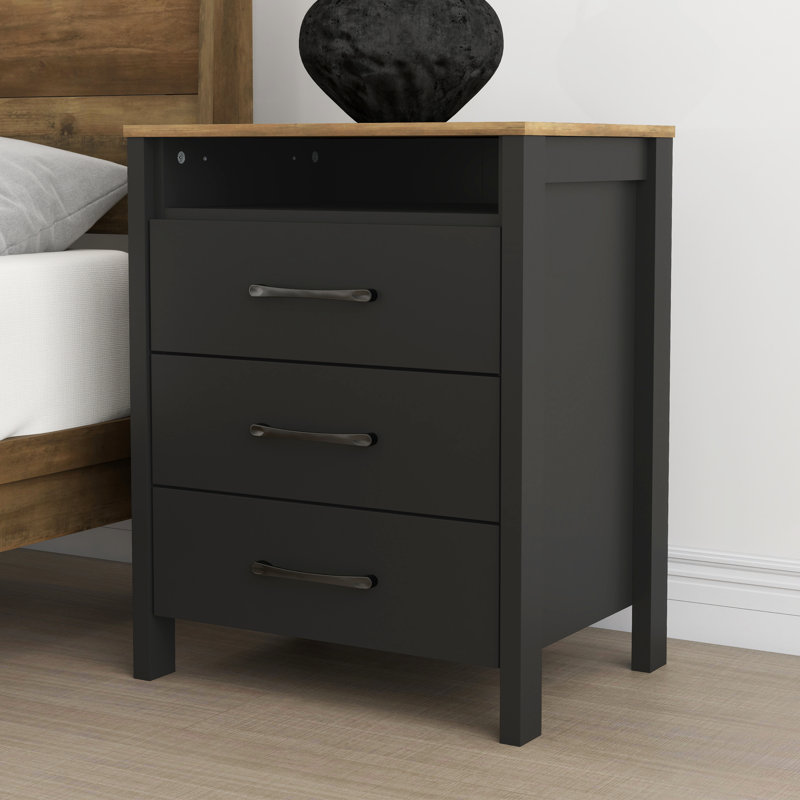Allysyn 26.1" 3 Drawer Nightstand, Black/Knotty Oak
