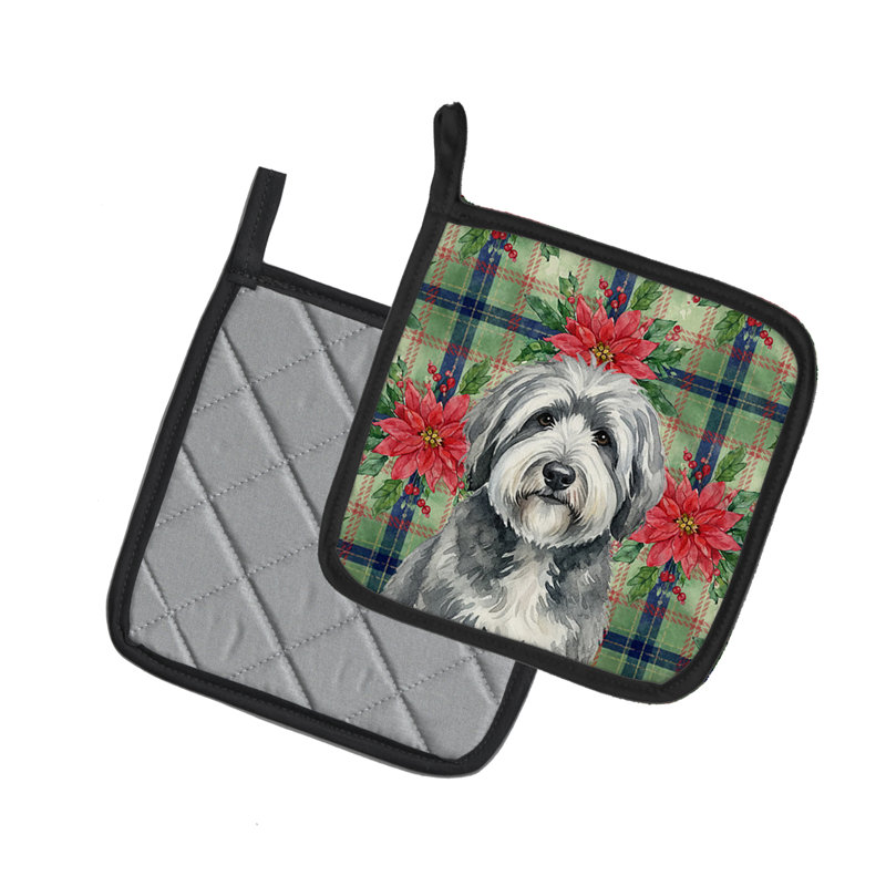Paire de supports à casseroles gris et blanc Old English Sheepdog Christmas Poinsettas, Gris / Blanc