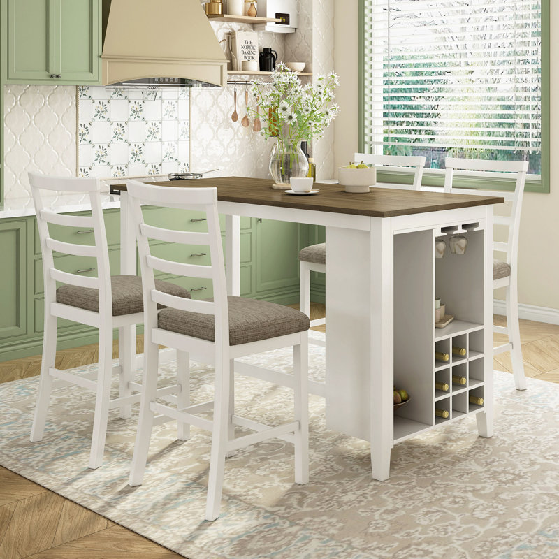 5-Piece Dining Set, Brun, Blanc délavé, Blanc délavé