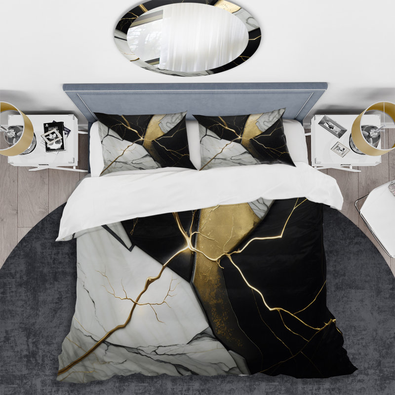 Abstract Geode Black IV - Ensemble de housse de couette moderne - Microfibre de polyester