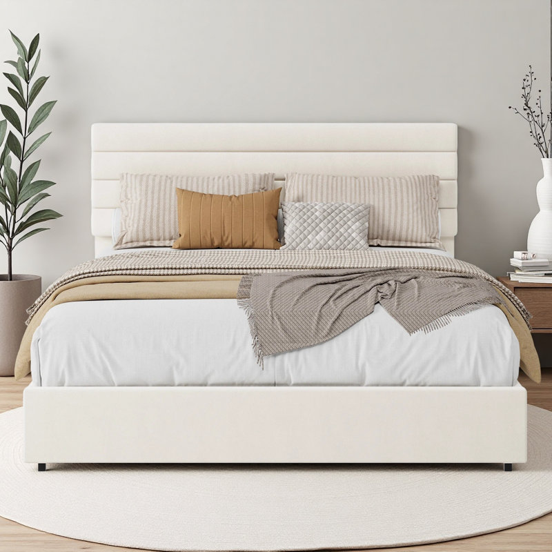 Structure de lit grand format, lit plateforme avec rangement en velours avec 4 tiroirs, support de lattes en bois, aucun sommier requis, assemblage facile, beige