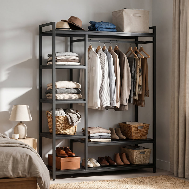 Étagère de rangement de 120 cm de large avec 6 tablettes et tringle., Noir