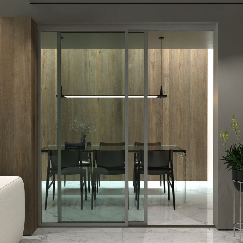 Paravent à panneau coulissant en verre transparent - Structure en aluminium avec technologie Silent Glide, Noir mat, 2