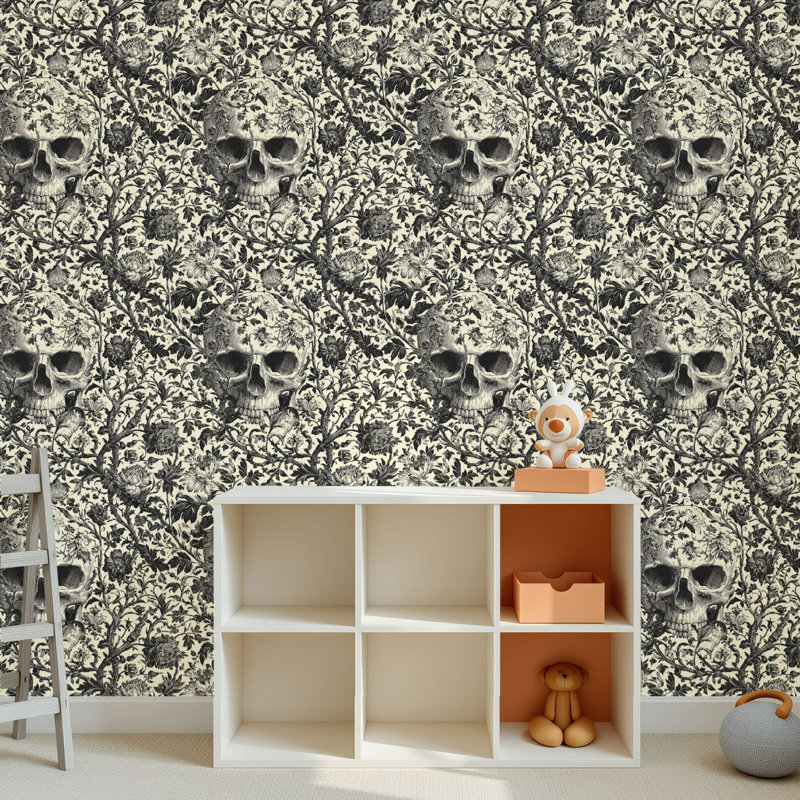 Papier peint adhésif peler et coller en PVC, revêtement mural auto-adhésif amovible avec impression de décoration florale gothique crâne botanique foncé, imperméable pour la décoration intérieure - rouleau