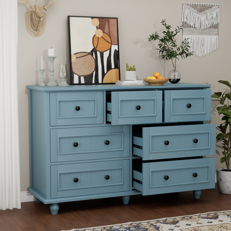7 Drawer 47.24" W Retro Dresser, Blue