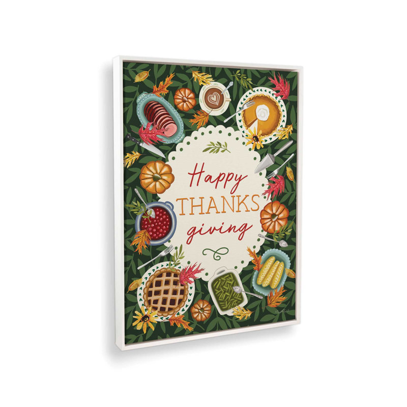 «Happy Thanksgiving Table» par Elizabeth Tyndall, reproduction d'art, L 12 po x H 16 po, Blanc, Toile avec cadre