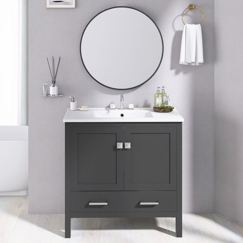 36 Inch. Black Bathroom Vanity With Ceramic  Sink   | Double Storage Shelves & Divided Drawer | Soft-Close Doors | Bathroom Cabinet With Ample Storage  | Solid Wood Frame
