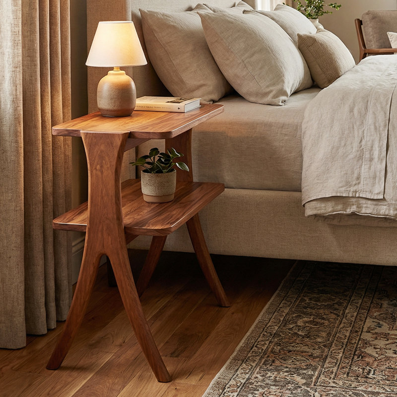 Wood End Table, Slim Sofa Side Table with 2-Tier Storage Shelf