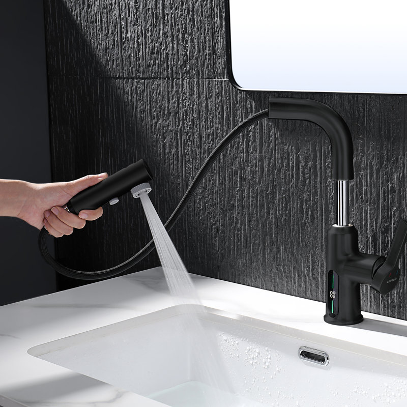 Lefton Single Hole Liftable Bathroom Faucet With Temperature Display In Fahrenheit, Pull-out Vanity Sink Faucet With 3 Water Modes For Bathroom And Laundry Room, BF2501