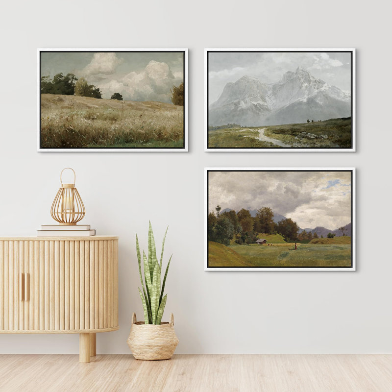 Paysage rustique, matin, ciel nuageux, nature, paysage, paysage sauvage, illustrations - 3 pièces, Cadre blanc