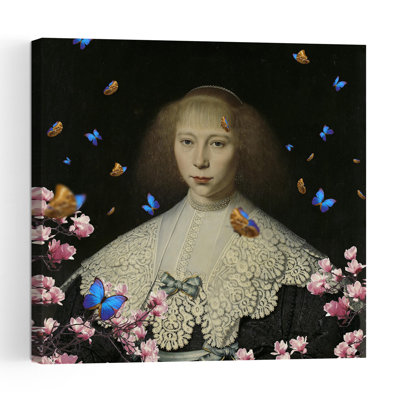 Whimsical Girl Portrait Surreal Contemporary Butterfly Flower Portrait Wall Art Print