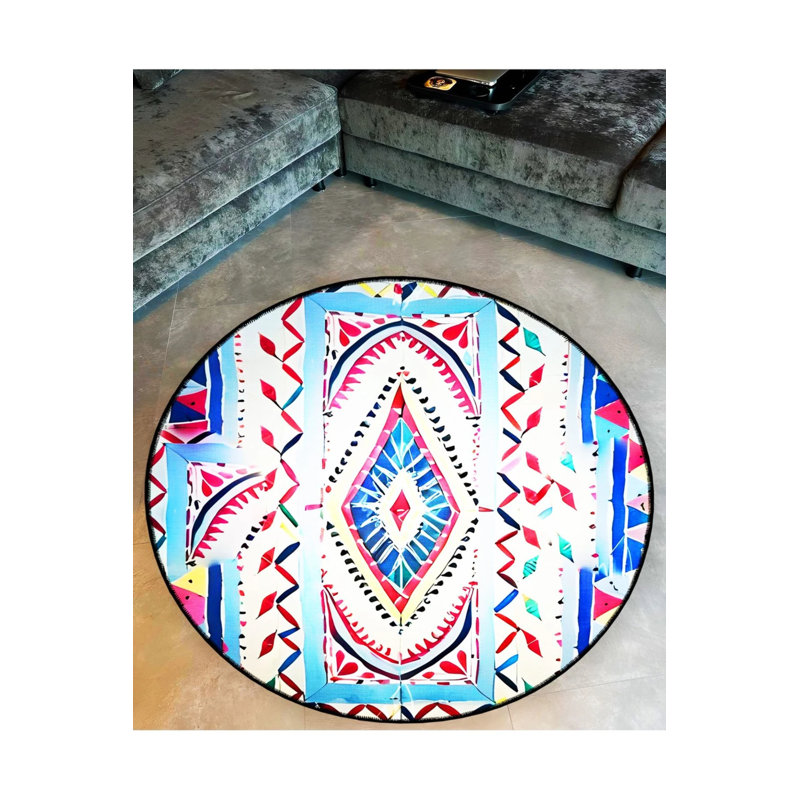 Multicolored Patterned Mixed Shapes Detailed Woven Base Modern Decorative Carpet, Round 4'
