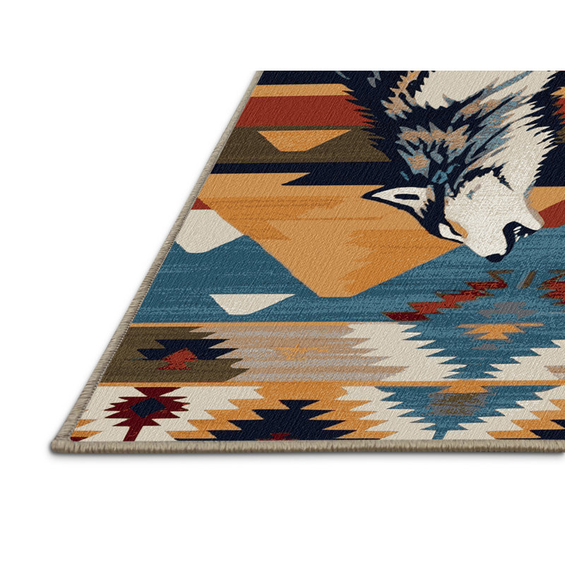 Washable Wolf Inspired Southwestern Area Rug, Round 8'