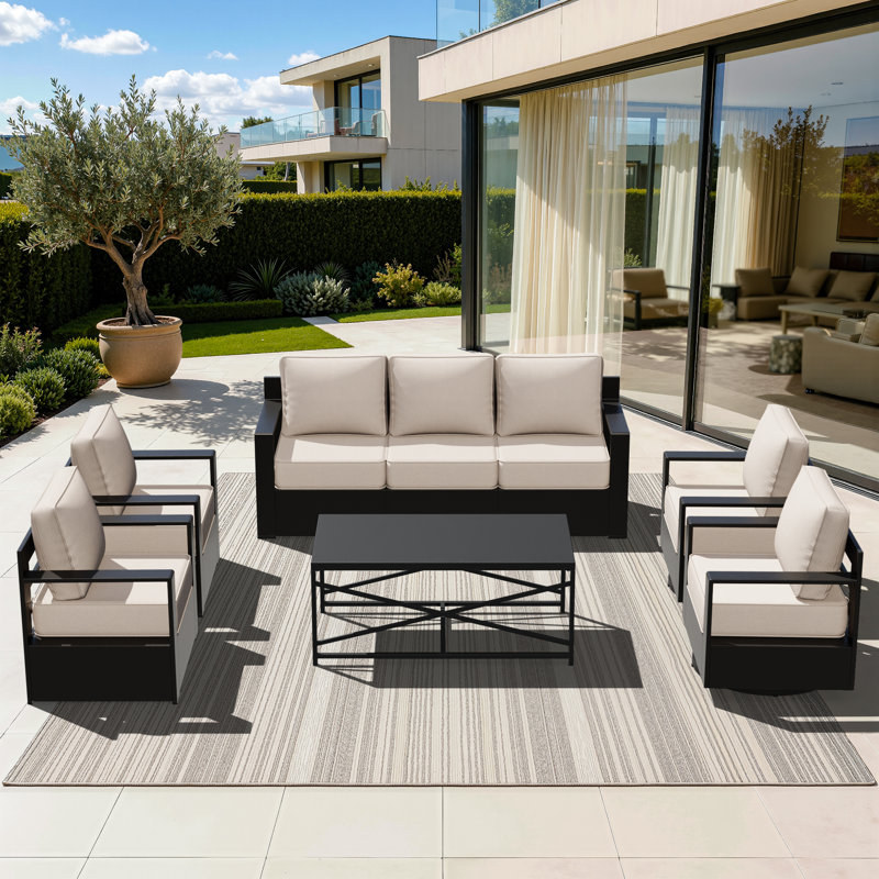 Ensemble de patio d'extérieur en aluminium 6 pièces avec canapé, 4 chaises et table basse Abdullah, coussin beige, Beige