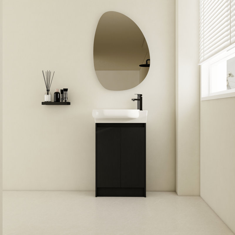 Meuble-lavabo autoportant de 58 cm (23 po). Design moderne et compact. Charnières de porte à fermeture douce. Espace de rangement suffisant. Couleur châtaigne noire. Meuble-lavabo facile à nettoyer, autoportant, châtaigne, portes, spacieux