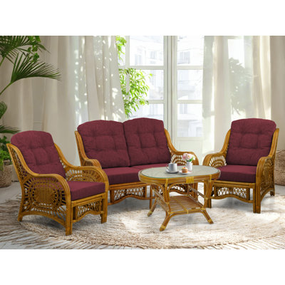 Malibu Lounge Set Of 4: 2 Natural Rattan Wicker Chairs, Loveseat And Coffee Table W/Glass Handmade, Colonial