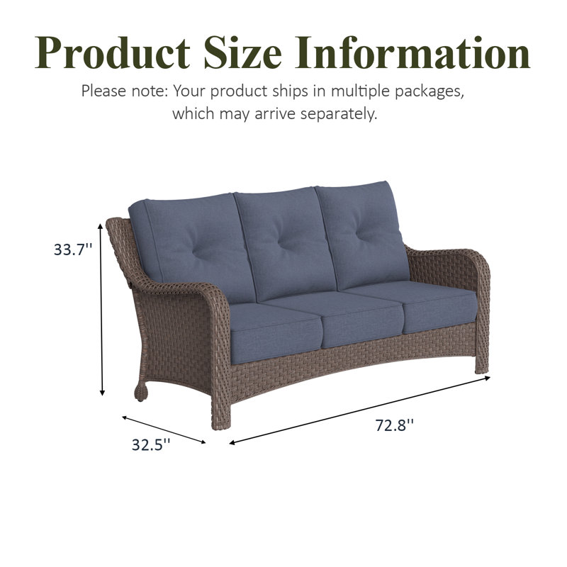 184.9cm Wide Patio Sofa with Cushions, Brown, Navy