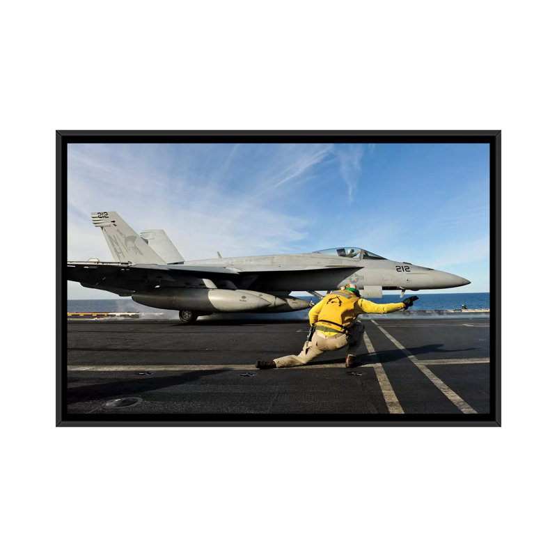 A Shooter Signals To Launch An F/A-18E Super Hornet Aboard USS Nimitz by Stocktrek Images - Wrapped Canvas Gallery-Wrapped Canvas Giclée