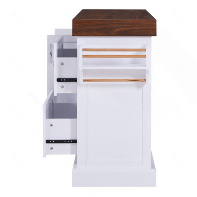 Grand îlot de cuisine de 53 po avec bureau de 3,5 po d'épaisseur, 2 très grands tiroirs, porte-épices et porte-serviettes, blanc