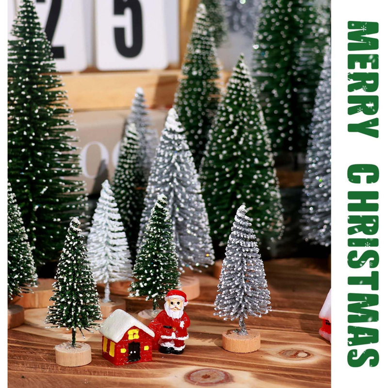 Miniature Green and White Plastic Tabletop Christmas Trees with Wooden Base
