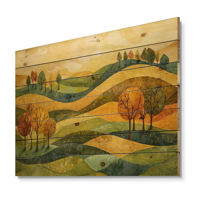 «Countryside Golden Fields In Autumn II», impression sur bois de campagne - sur bois de pin naturel