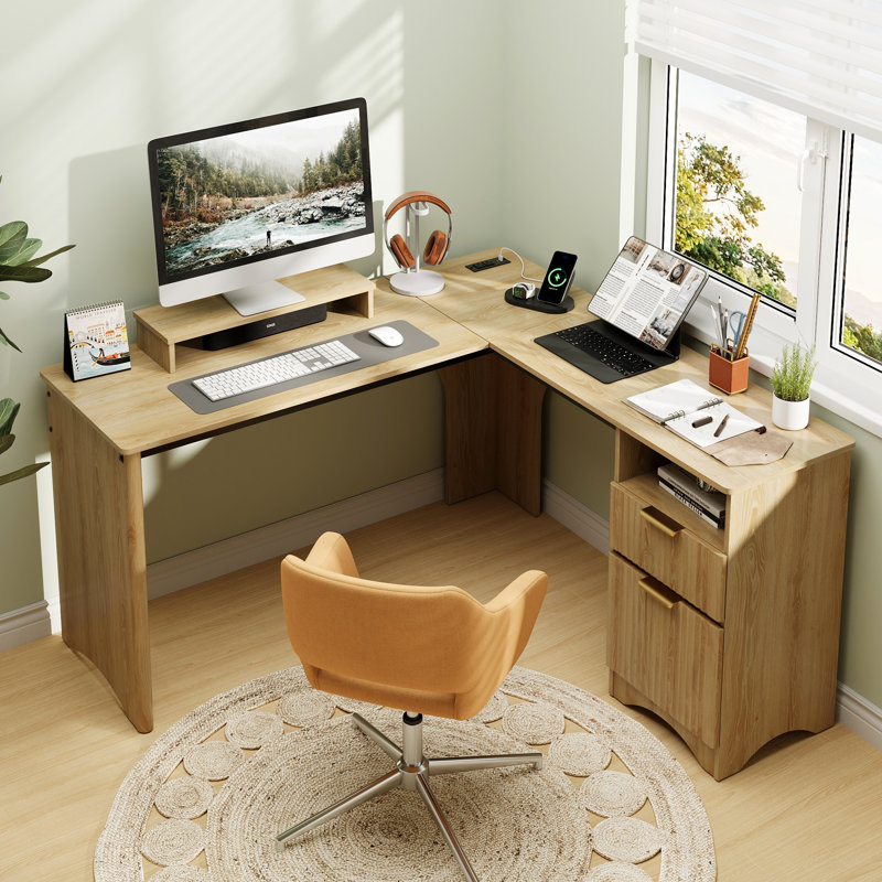 Daymen 55Inch Lift Top L Shaped Desk with Power Outlet, Fluted Computer Desk with File Drawer and shelf , Home Office Desk with Monitor Stand and Cable Management