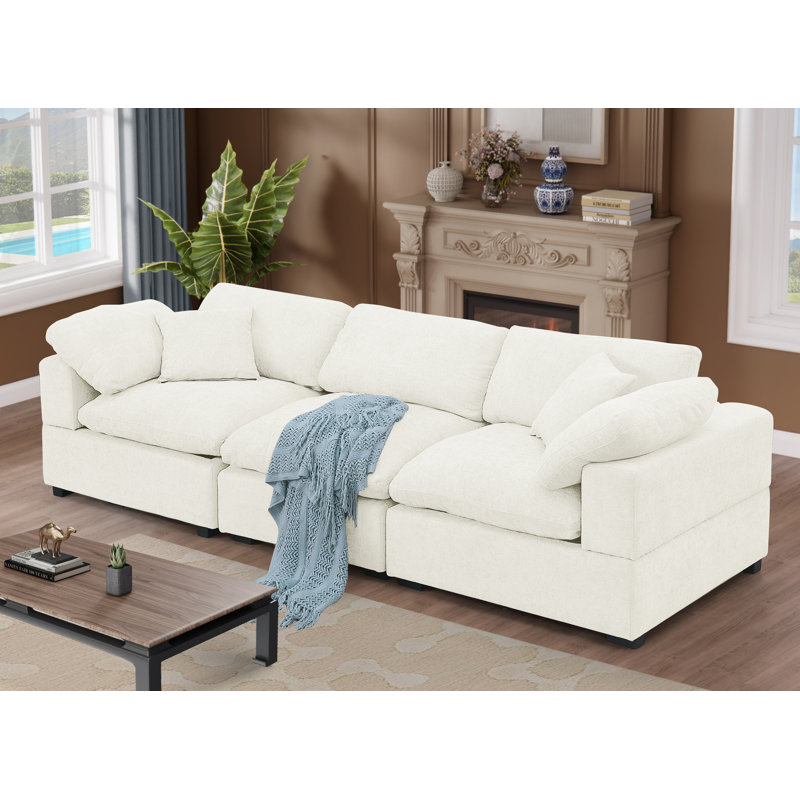 Modular 3-Seat Sofa Soft Comfort Cloud Couch, Wide Seats, 2 Arm Pillows & 2 Toss Pillows, White