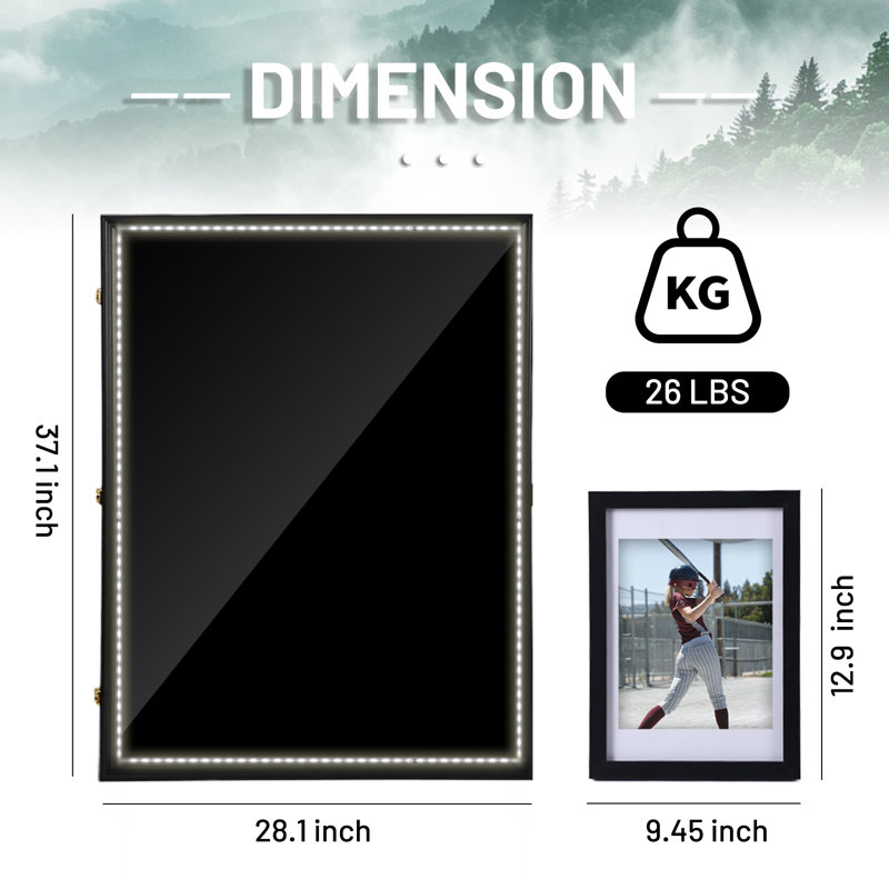 Très grande vitrine en jersey avec DEL, protection contre les rayons UV, deux supports de baseball et cadre photo