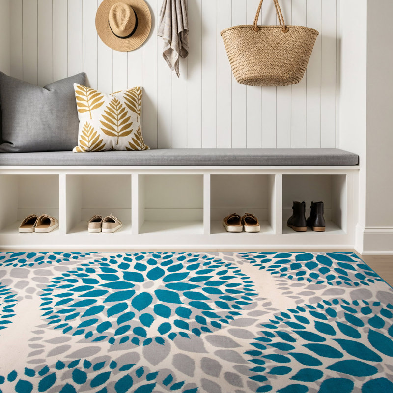 Tapis bleu / ivoire / gris clair à motif floral, Rectangle de 3 pi x 5 pi