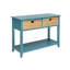 Console rectangulaire bleu sarcelle avec 2 tiroirs et rangement sur tablette inférieure en bois