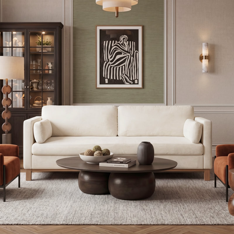 Canapé rembourré 83 po. Mid-Century Velevt, Beige Velvet