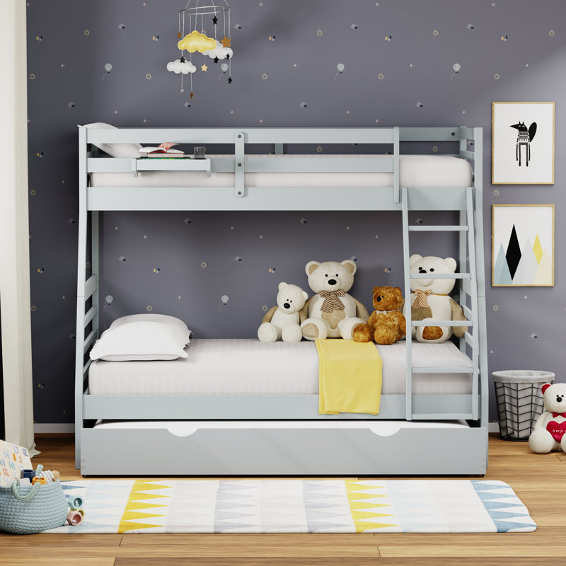 Kinsella Solid Wood Twin Over Full Bunk Bed, Hanging Nightstand, and Trundle, Light Gray