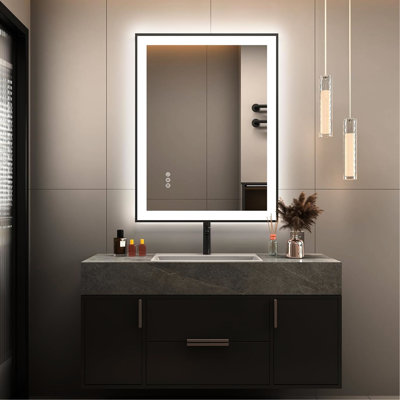 Miroir de salle de bain 24 po x 32 po à DEL avec éclairage avant et rétroéclairé, brouillard, 3 couleurs à intensité variable, verre trempé - éclairage doux, désembuage rapide, couleur blanc chaud naturel, éclat réglable en toute sécurité