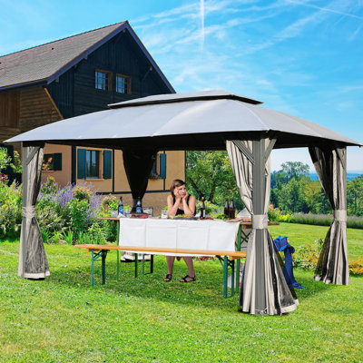10x14ft Grey Gazebo. Double Roof For Enhanced Airflow. Netting. Heavy Duty Metal Frame. . For Patio, Backyard, Lawn Ventilation. Fabric. Outdoor Backyard
