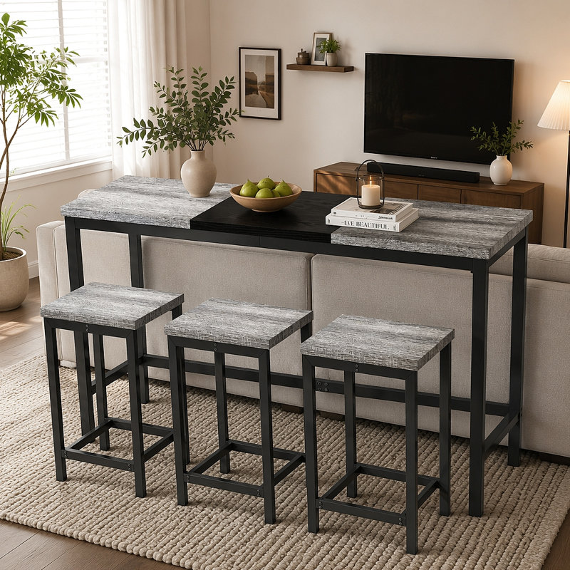 Table de salle à manger de cuisine moderne, table de pub, ensemble de table de salle à manger longue avec 3 tabourets, conception de tabouret suspendu pratique