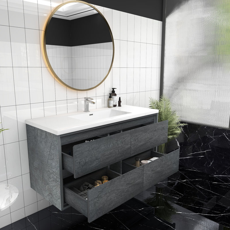 Ensemble de meuble-lavabo simple mural 48 po Azden, Chêne fumé