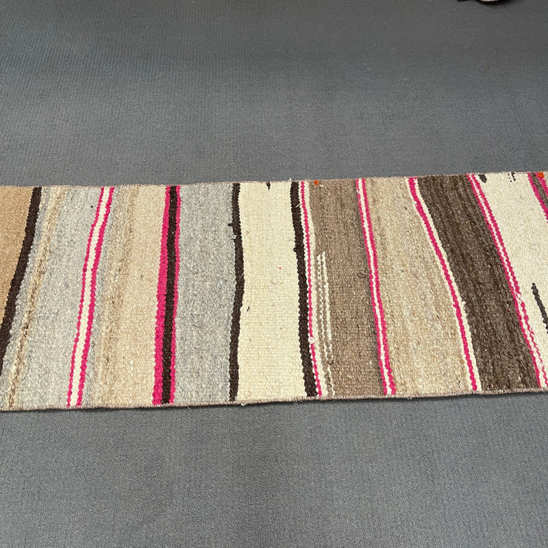Tapis beige moderne en laine rayé 25,2 x 139,8 pouces