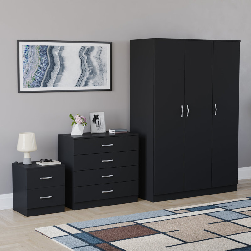 Maybery 3 Piece Bedroom Set (2 Drawer Bedside Chest, 4 Drawer Chest, 3 Door Wardrobe), (5), Black