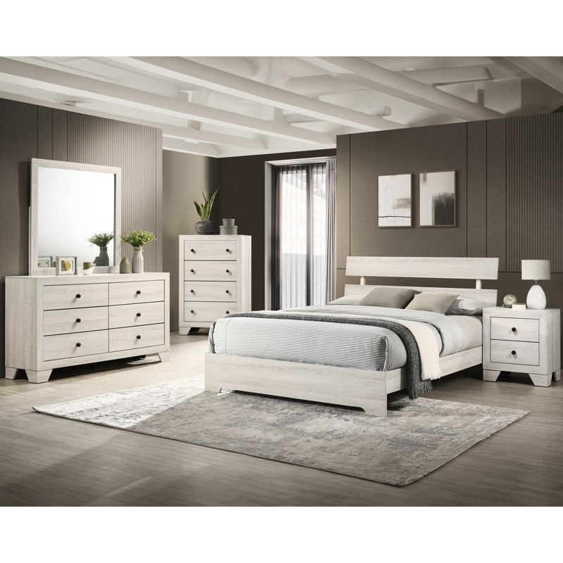White Washed Twin Platform Bed Frame, Contemporary Style, Low - Profile Bed, Wood Veneers, In One Box Rustic Wash Finish, Design, Solid Wood, For Youth Bedroom