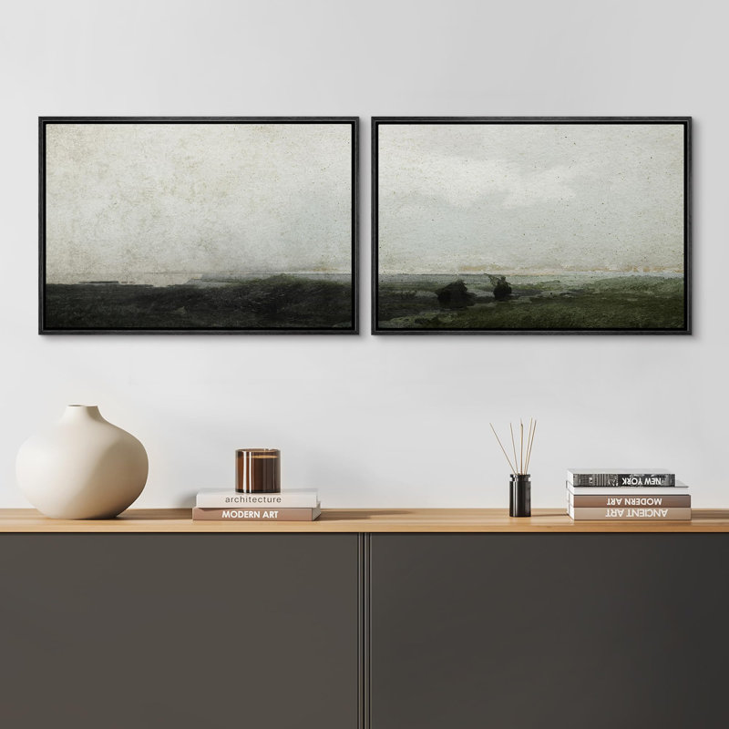 Minimal Landscape - Paysage abstrait vert foncé Moody 2 pièces, H 16 po x l 24 po, Cadre noir