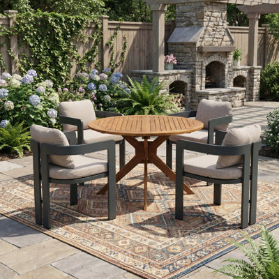 Sierra Contemporary Industrial Aluminum Outdoor Dining Set With Cushioned Chairs And Acacia Wood Round Slat Table