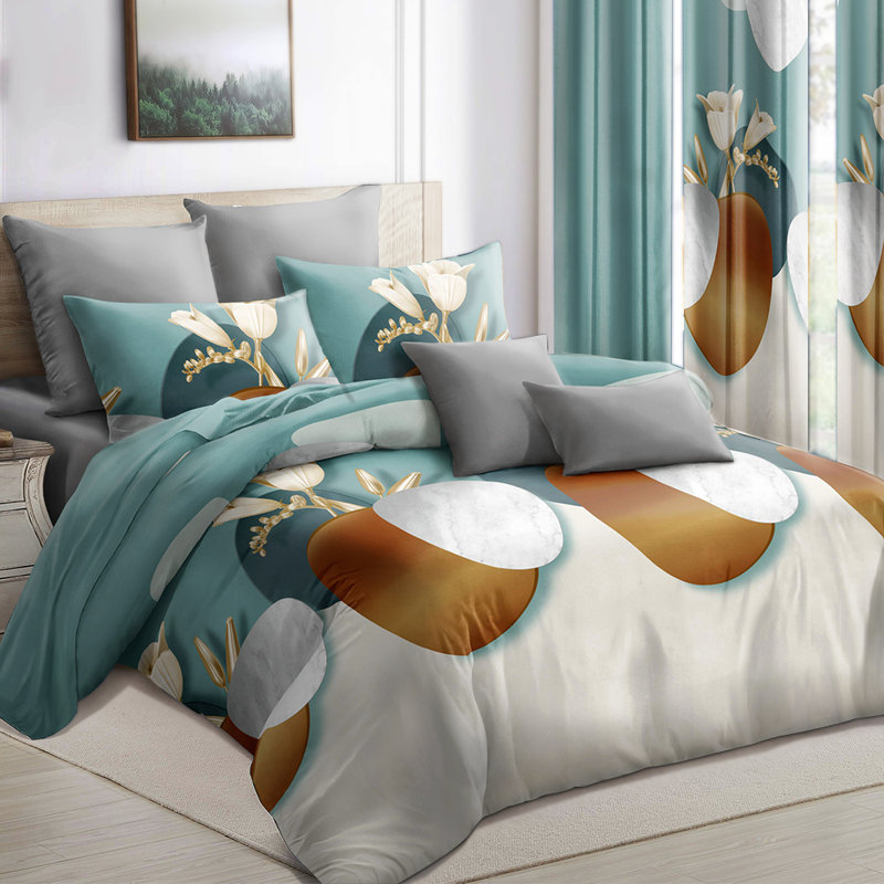 Queen Size 9-Piece Teal & Gold Floral Vase Bedding & Curtain Set (Queen) - Quilted Microfiber Bedspread + Sheer Drapes
