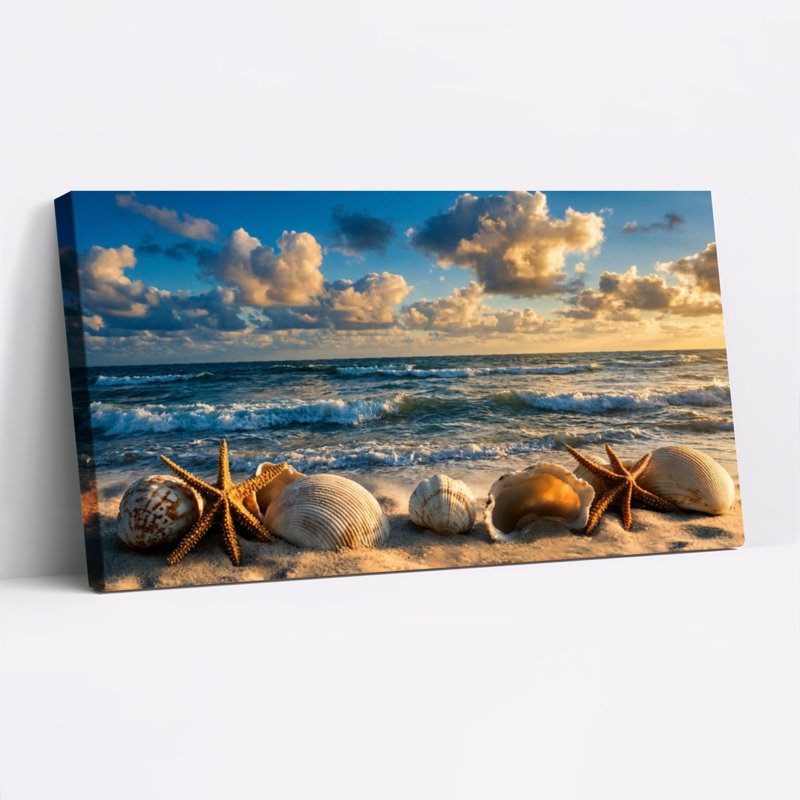 Tableau sur toile tendue représentant une scène de plage avec coquillages et étoiles de mer (lot de 1), H 12 po x l 36 po