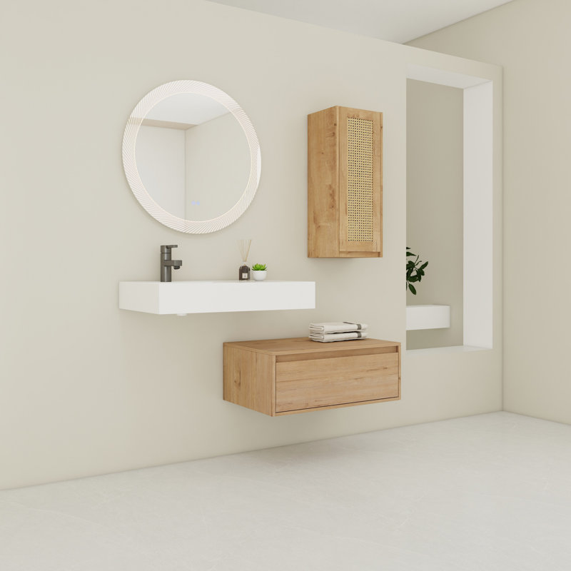 Meuble-lavabo mural de 30 pouces avec lavabo en résine et armoire latérale, tiroir à fermeture en douceur (KD-Packing), meuble-lavabo