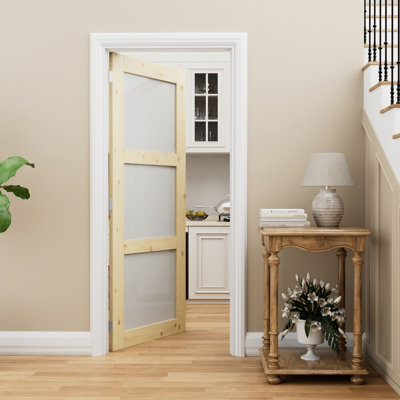 Porte intérieure à 3 carreaux en pin massif et verre dépoli, style colonial naturel, pré-montée, verre trempé SGCC, avec ensemble de chambranle, joint d'étanchéité, charnières argentées et ouverture vers l'intérieur à gauche, porte non finie et à peindre, pour garde-manger, chambre, salle de bain et placard, 61 cm x 203 cm