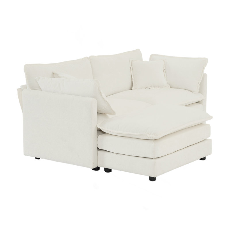 Canapé à deux places en chenille avec 1 repose-pieds, canapé modulaire en L avec repose-pieds 2 places, causeuse avec repose-pieds pour petit espace de vie, chenille blanche