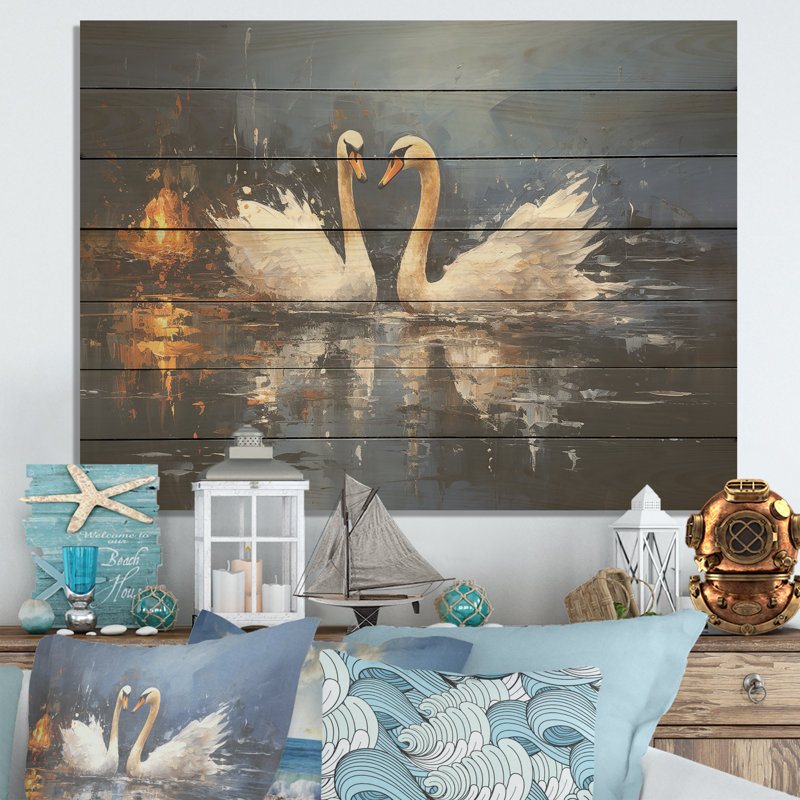 White Swans Harmony Moonlight Pond I - imprimé cygnes sur bois, H 30 po x l 40 po x P 0,78 po