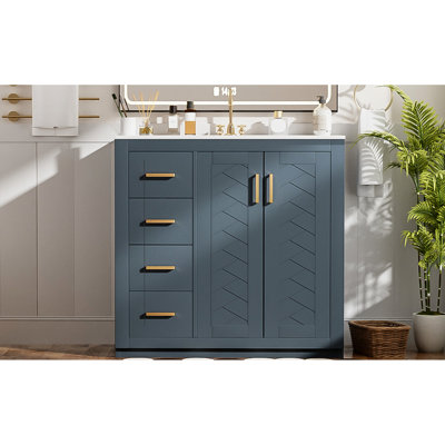 Meuble-lavabo de 36 pouces avec lavabo en céramique, construction en bois massif, haute qualité, 3 tiroirs, charnières à fermeture en douceur, rangement abondant, style rétro, poignées exquises, glissière de tiroir lisse