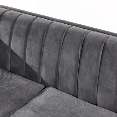 Canapé de luxe 89 places en velours 89 po avec garnitures en acier inoxydable et texture brodée, canapé de style victorien de style Mid-Century capitonné pour le salon avec 2 coussins en fourrure et 2 bandes